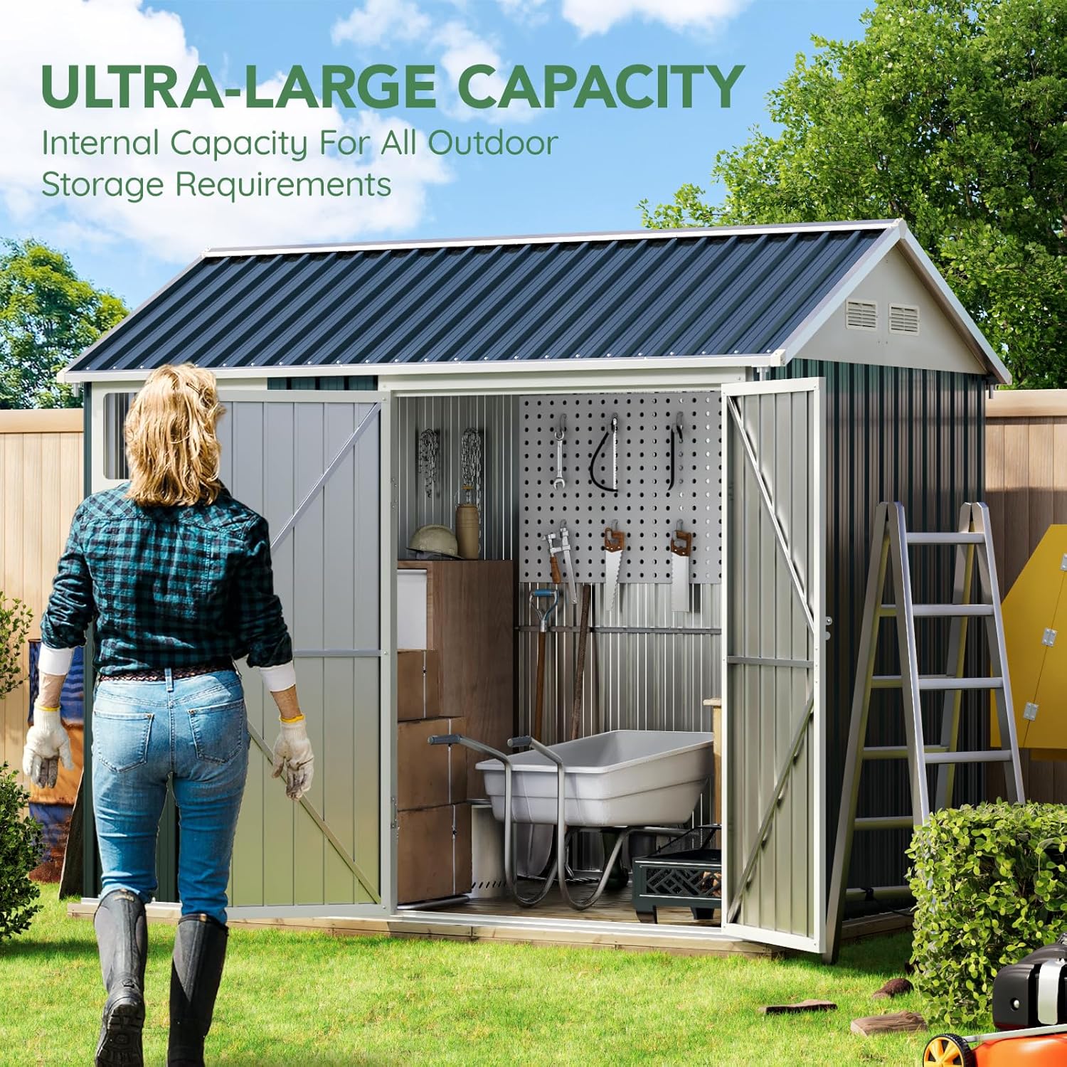 8X6FT Outdoor Steel Storage Shed with Lockable Doors, Frame Floor (No Wood/Other Boards),One Window,Ideal for Garden, Backyard, Patio Storage