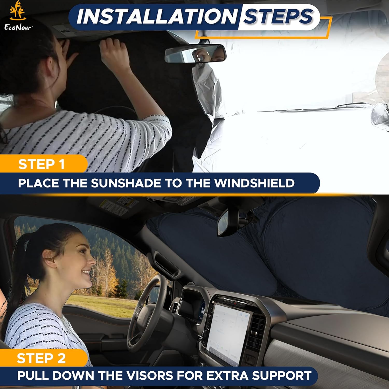 EcoNour Truck Windshield Sun Shade with Storage Pouch | Reflective 240T Material Sun Shield for UV & Heat Protection | Foldable Windshield Cover | Must-Have Truck Accessories | X-Large (69"x35")