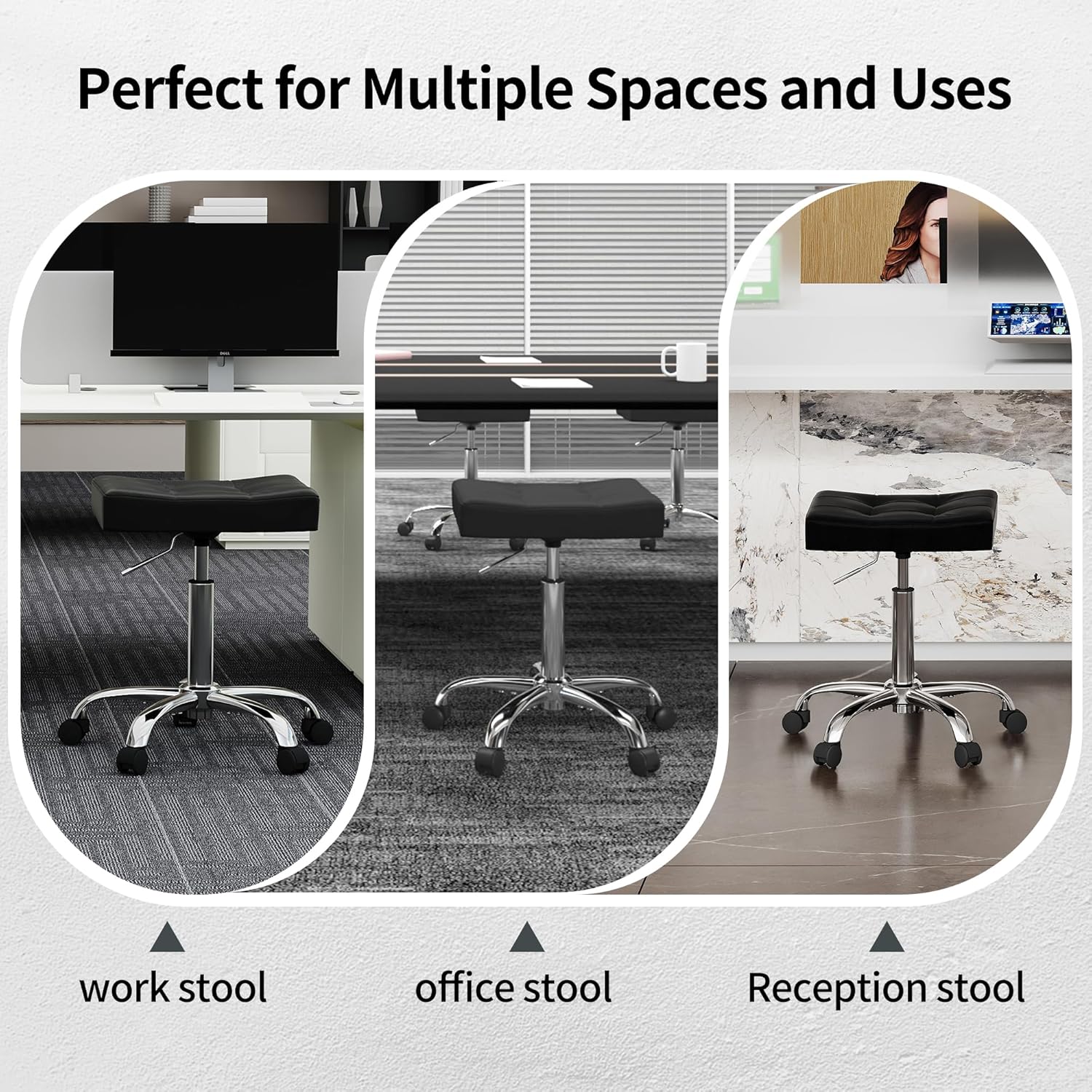 Office Stool with Wheels (300lbs Capacity) (Adjustable Height 17-21 inch) Black Faux Leather Workbench Stool (Black)