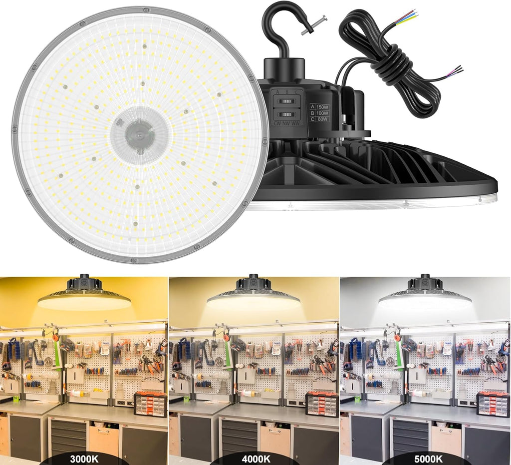 UFO LED Low Bay Light 4000K 80W 100W 150W 21,000Lumen 3000K Highbay UFO Lights for Workshop Garage Warehouse Lighting Fixture DLC UL Listed AC100-277V Input, 5000K High Bay LED Shop Lights Diammable