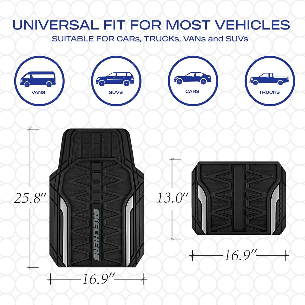 Skechers Heavy Duty Rubber Car Mats Full Set, All Weather Floor Mats, Waterproof Trim to Fit Universal Floor Liner, Automotive Floor Mats for Cars Trucks SUV, Sliver