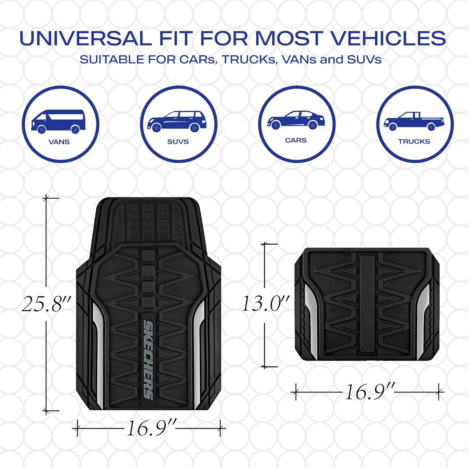 Skechers Heavy Duty Rubber Car Mats Full Set, All Weather Floor Mats, Waterproof Trim to Fit Universal Floor Liner, Automotive Floor Mats for Cars Trucks SUV, Sliver