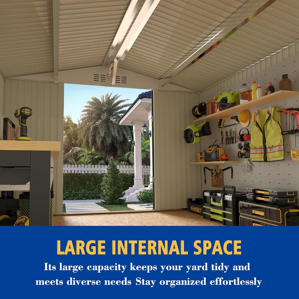 10 x 8 FT Large Outdoor Storage Shed w/Lockable Door, Heavy Duty Metal Garden Sheds with Clear Window and Air Vents, Waterproof Tool House for Bicycles, Tools, Backyards, Patios, Lawns, Gray