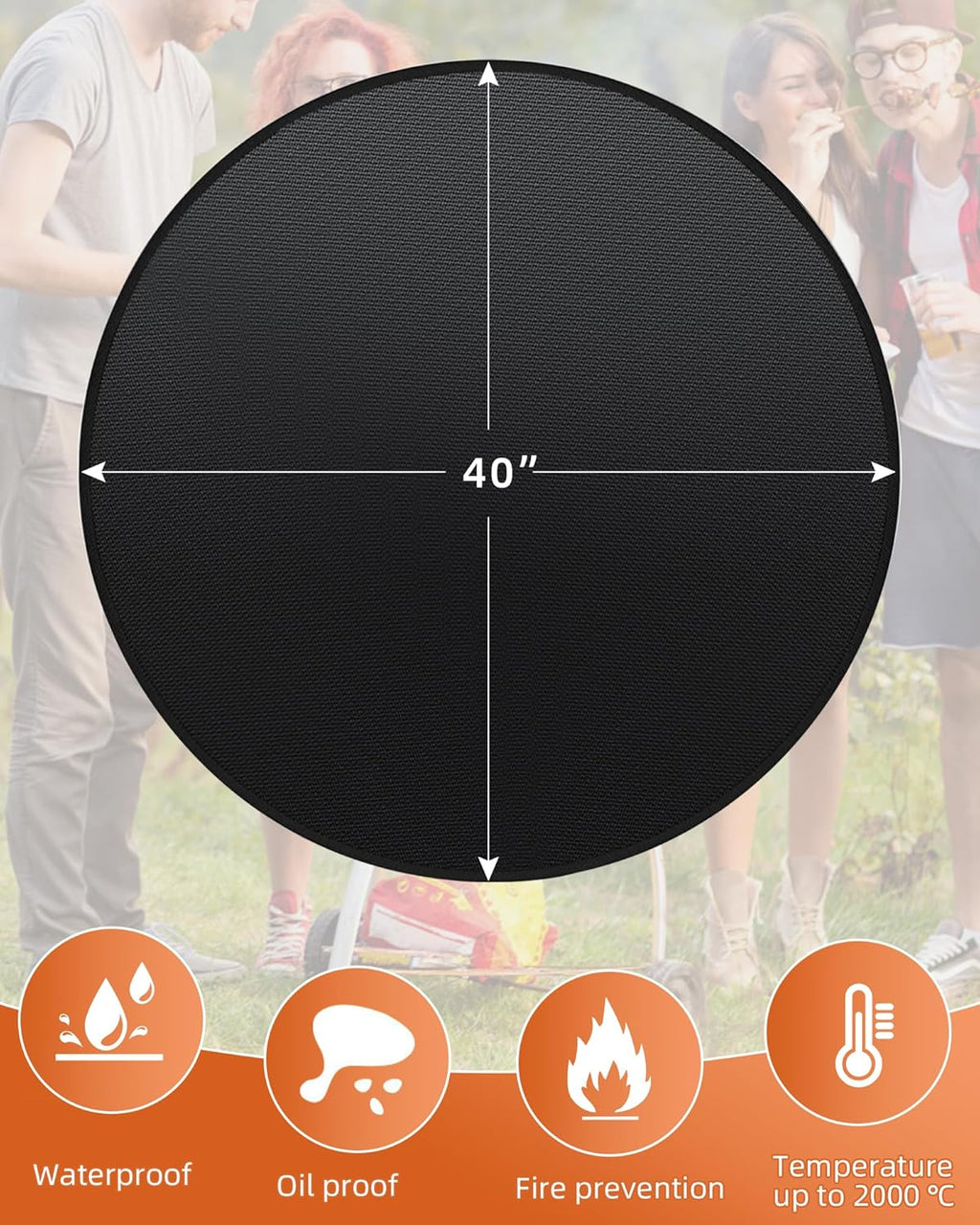 Round BBQ Grill Mat, 40 inches Double-Sided Fireproof Pad Waterproof Deck Protector for Indoor Outdoor Grilling