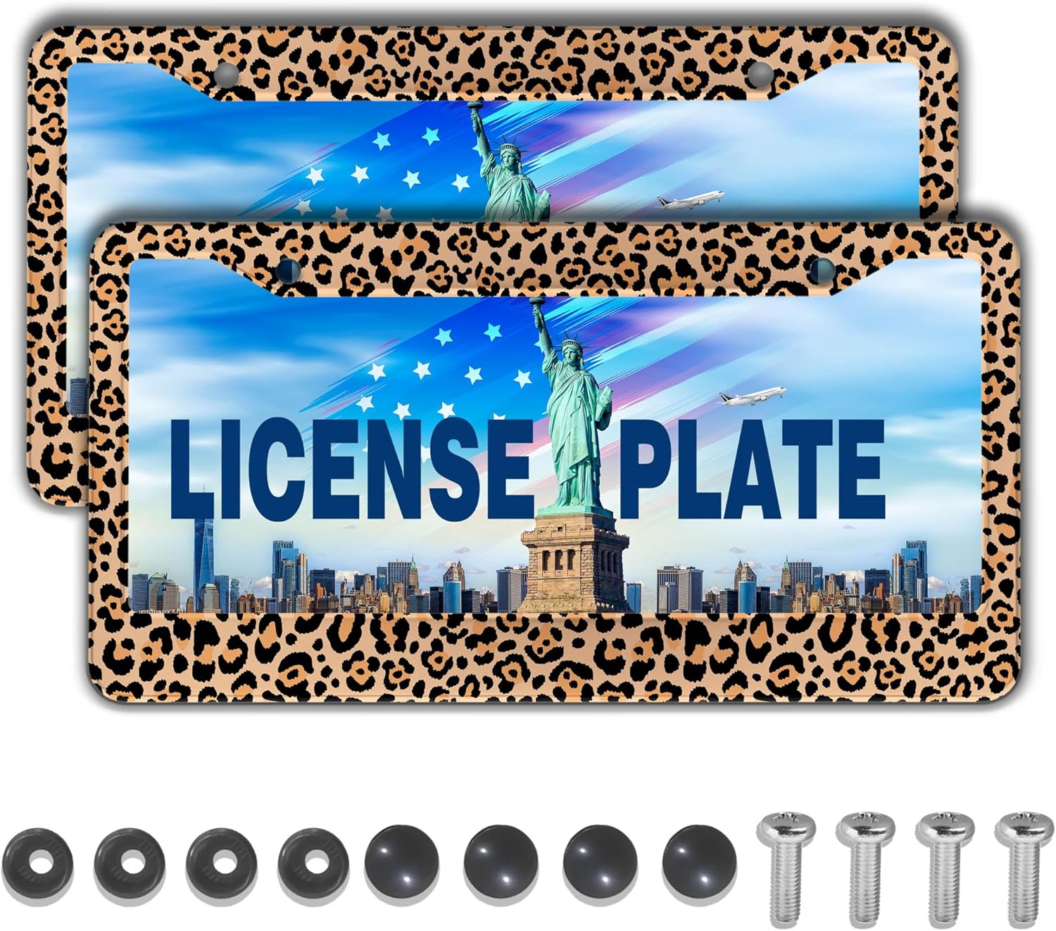 License Plate Frames Leopard Print Fun License Plate Frame Protector Cute Cheetah Texture Aluminum Metal Car Accessory 2 Pack with Screw Covers Set