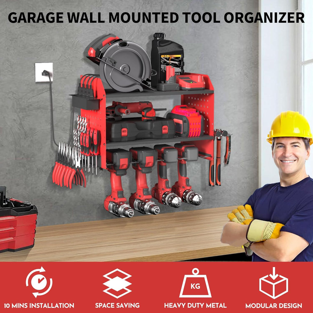 Power Tool Organizer Wall Mount – Adjustable Shelf, Side-Mounted 4-Outlet Charging Station | Heavy Duty Steel Drill Holder with Pegboards, Hooks & Drill Bit Rack for Garage & Workshop Storage(Red)