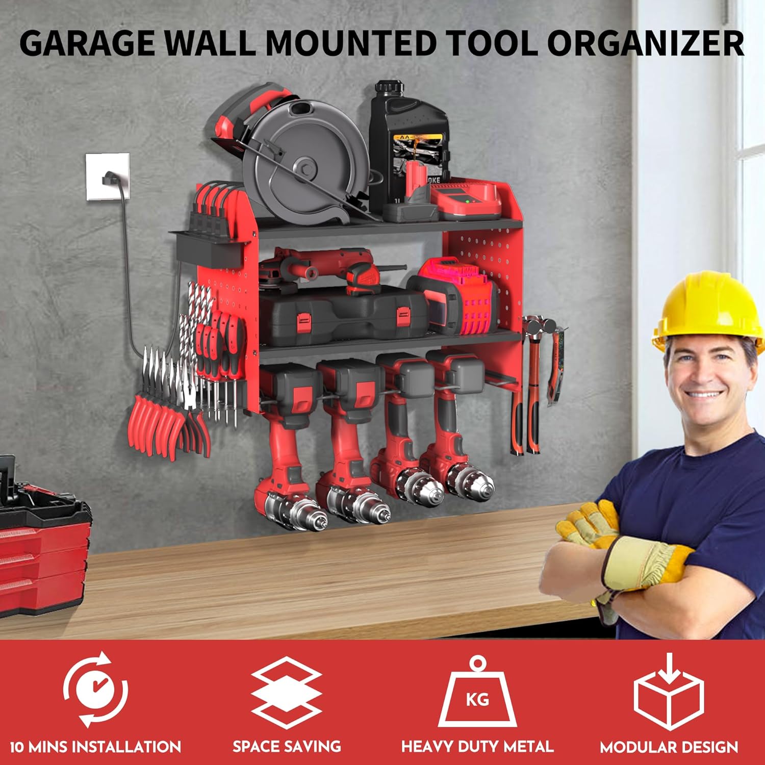 Power Tool Organizer Wall Mount – Adjustable Shelf, Side-Mounted 4-Outlet Charging Station | Heavy Duty Steel Drill Holder with Pegboards, Hooks & Drill Bit Rack for Garage & Workshop Storage(Red)