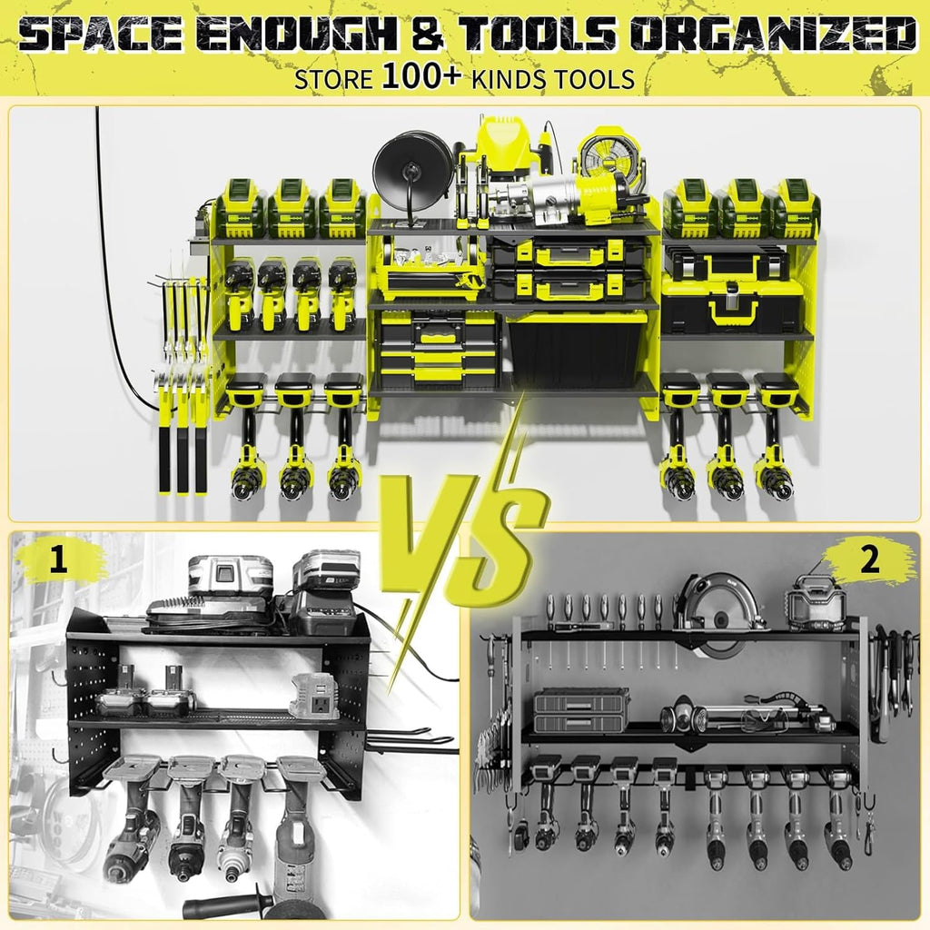45" Large Power Tool Organizer Wall Mount with Charging Station - 3 Layer Storage Racks with 8 Cordless Drill Holder, 4 Hooks, Heavy Duty Garage Tool Organizer Storage for Workshop Pegboard Basement