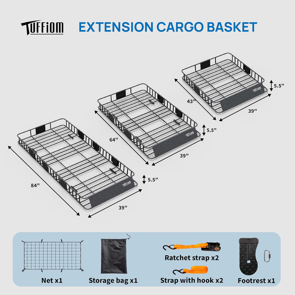Bonnlo 250lbs Extendable Rooftop Cargo Carrier,84 * 39 * 5.5inch Universal Roof Rack Basket with Rubber Net,Storage Bag,Straps and Footrest,for SUV/Truck/Van