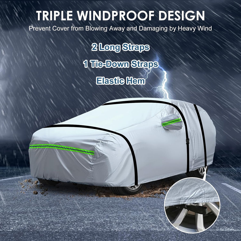 AUQDD 6-Layers Premium SUV Car Cover Waterproof All Weather Weatherproof UV Sun Protection Snow Dust Storm Resistant Outdoor Exterior Custom Form-Fit Full Padded Car Cover with Straps 198"-208" K9