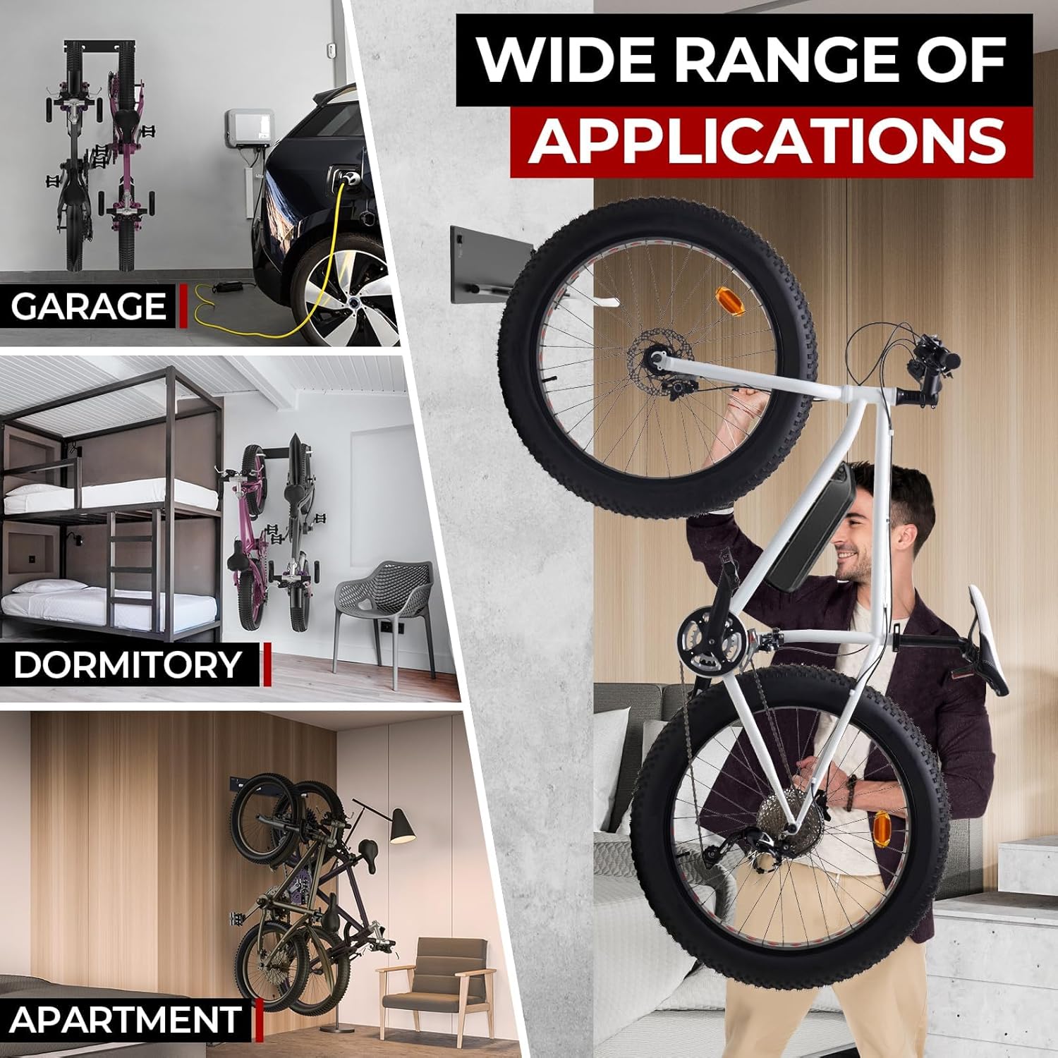 Fat Tire Bike Rack Wall Mount Garage Storage,Fat Tire Bike Storage Rack for Garage,Heavy Duty Fat Tire Bike Wall Mount Hanger Hooks Max 100lbs,Vertical Fat Tire Mountain Bike Rack(Hold 2 Bikes)