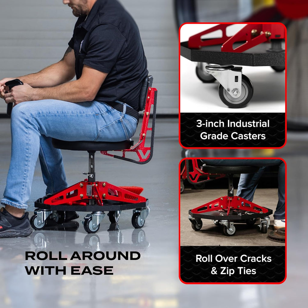 Vyper Robust Steel Sport Shop Chair for Mechanics, Automotive, DIY - 300 lb Capacity Garage Stool with Backrest & Large Wheels (Black Seat, Red Frame)