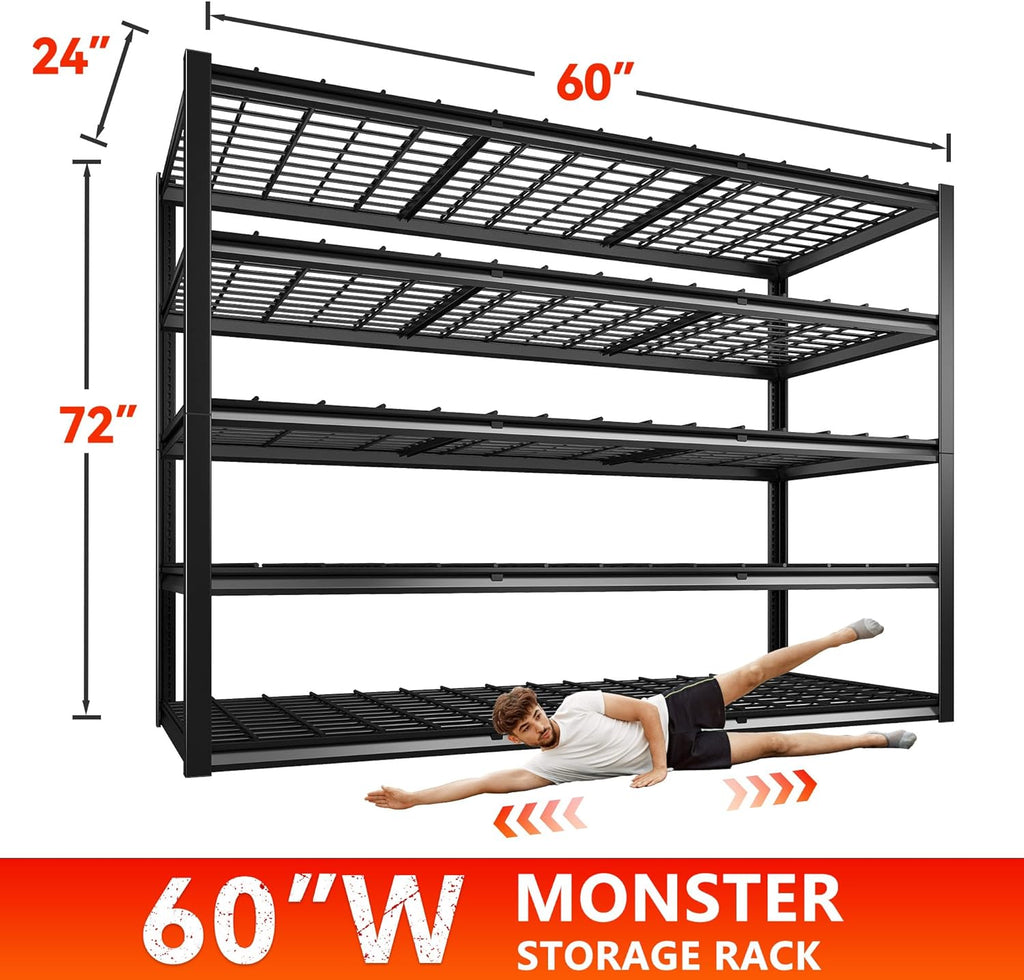 REIBII 60" W Garage Shelving Heavy Duty Metal Shelving 3000LBS Storage Shelves Adjustable Metal Shelves for Storage Industrial Garage Shelves for Warehouse Basement 60" W x 24" D x 72" H