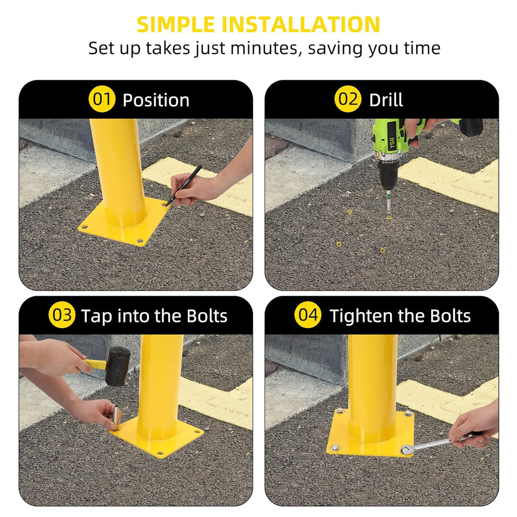 Safety Bollard 2 Packs, 48 Inch Height Steel Bollard Post for Parking Lot, 4.5 Inch Diameter Pipe, Yellow Safety Bollard Post with 16 Anchor Bolts, Ideal for Traffic-Sensitive Areas, Driveway Barrier