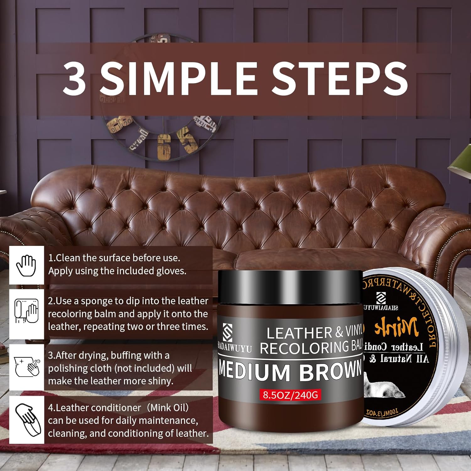 8.5oz Leather Recoloring Balm with 100ml Mink Oil,Medium Brown Leather Repair kit for Furniture and Car Interior,Leather Couch Scratch Repair,Leather Dye Paint,Mink Oil for Leather