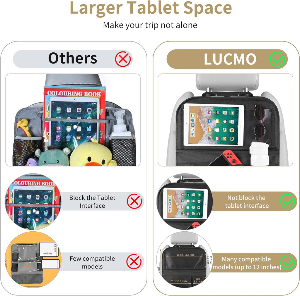 LUCMO Car Backseat Organizer with Touch Screen Tablet Holder,9 Storage Pockets Storage Organizer,Protectors Kick Mats Travel Accessories (Black, 2 Pack with Food Tray)