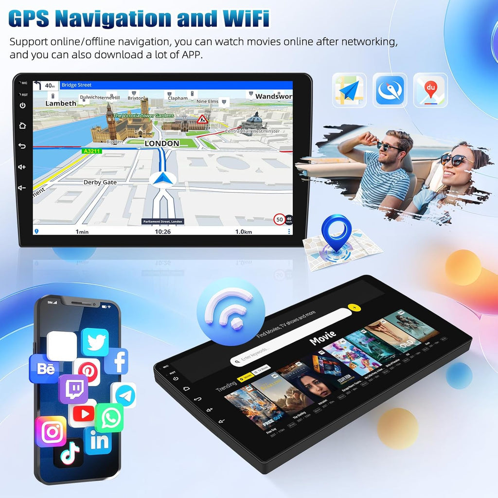 Double Din Car Stereo Radio Receiver, 10.1” 2.5D Curved HD Touch Screen Head Unit Multimedia Player, Support Rear View Camera&Android iOS Mirror Link Dual USB Input+License Plate Camera