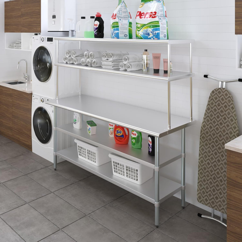 AmGood Stainless Steel Work Table with 2 Shelves | NSF (24" x 72" Table with 2 Shelves + 18" Overshelf)
