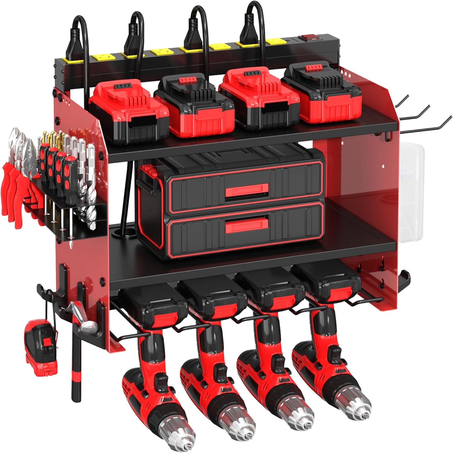 Power Tool Organizer Wall Mount wtih Charging Station,4 Drill Holder Wall Mount with 8 Outlet Power Strip,3 Layers Heavy Duty Tool Rack with Hooks,Screwdriver Organizer in Workbench,Garage