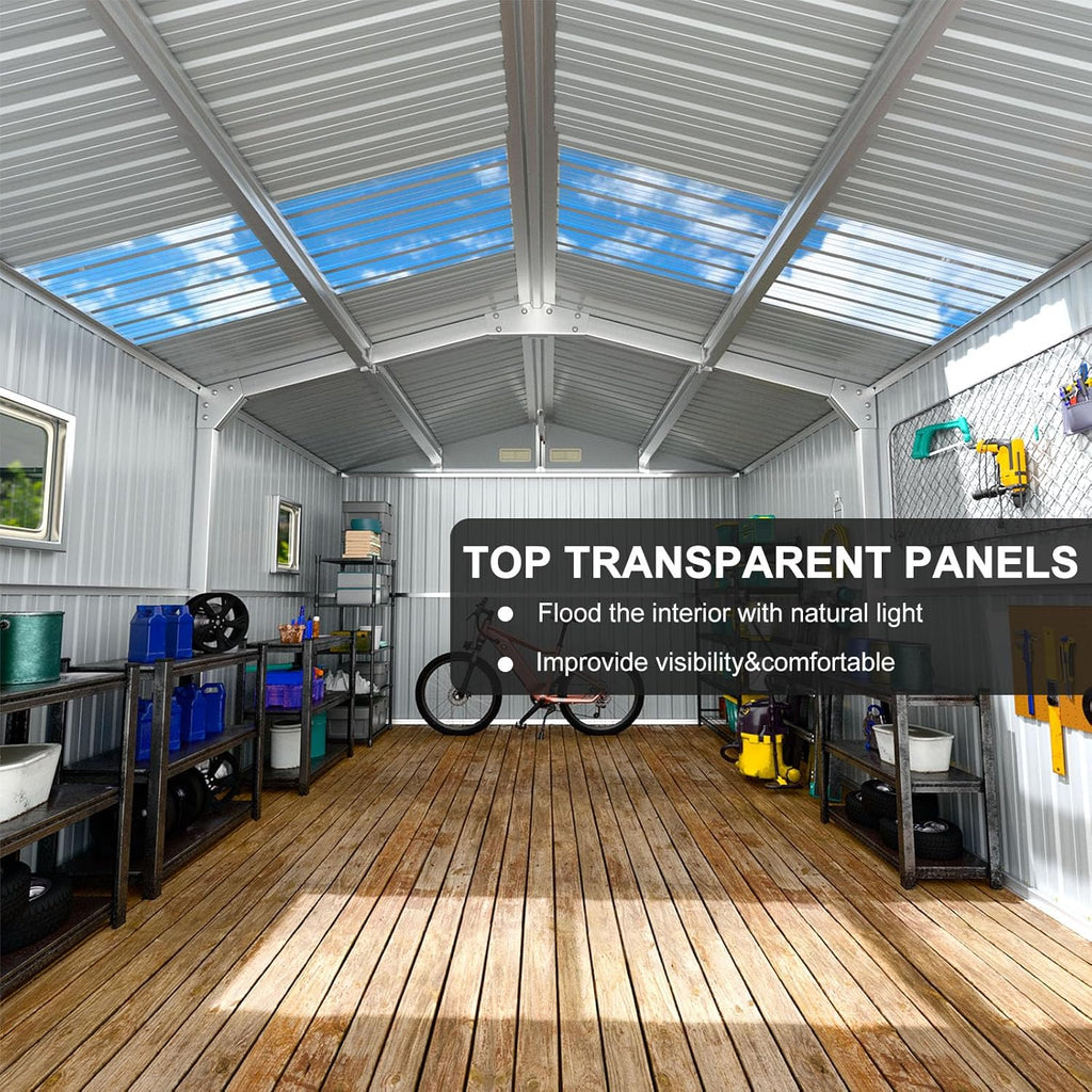 10x12 FT Metal Outdoor Shed with Floor Frame Kit Extra Large Waterproof Tools Storage House with Transparent Top Panel Windows Air Vent for Garden Backyard to Store Bikes,Lawnmower,Dark Grey