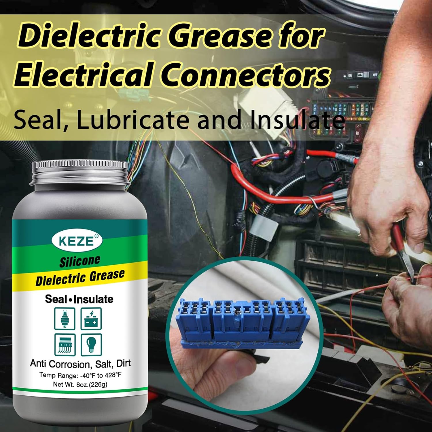Keze Silicone Dielectric Grease Automotive Die Electric Grease Spark Plug Light Bulb Sockets Battery Terminal Electrical Contact Paste for Marine Against Salt, Dirt Corrosion Brush Top Can, 8 Oz