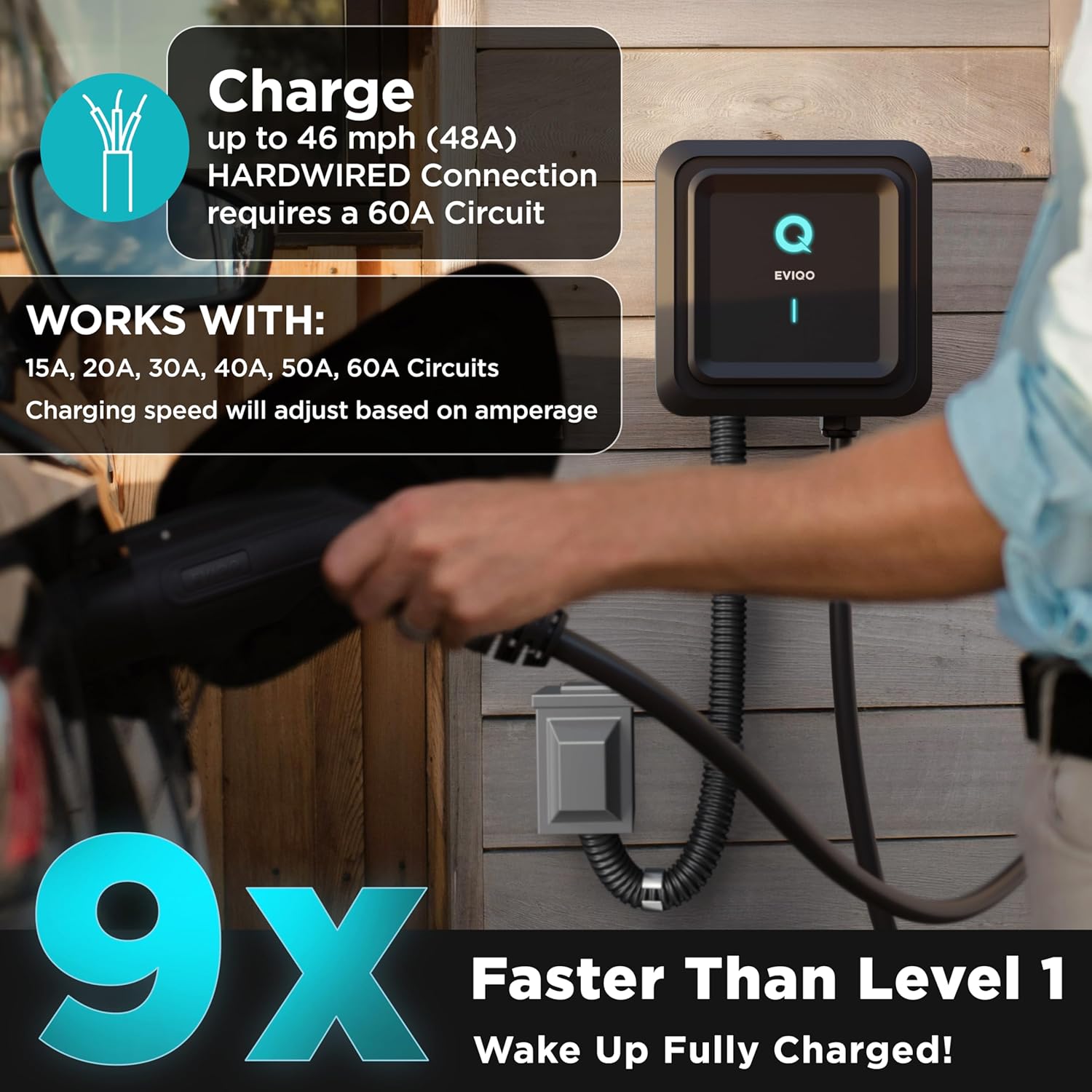 EVIQO EV Charger Level 2-48 Amp Level 2 EV Charger Hardwired, 240V Electric Vehicle Charging Stations, J1772 Chargers 11.5kW, Wall EV Chargers for Home, EVSE EV Charging Station 25' Cord