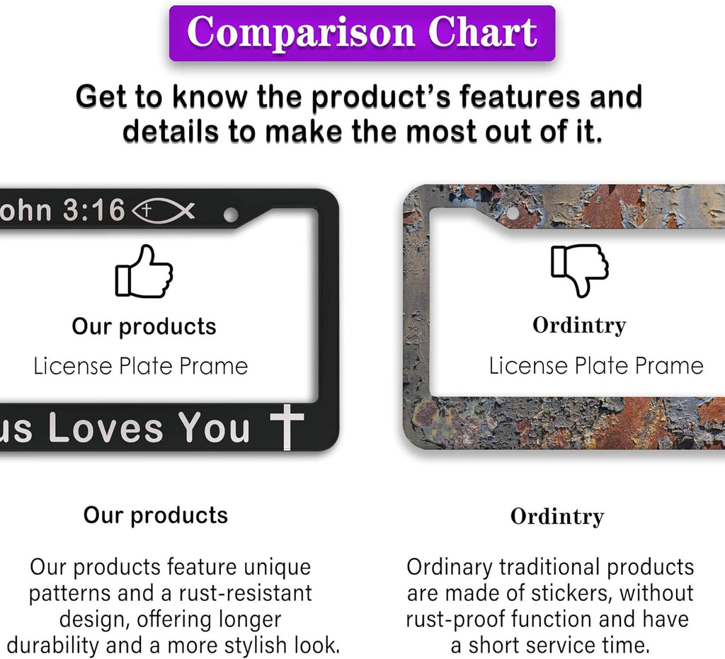License Plate Cover Black and White License Plate Frames John 3:16 Jesus Loves You Universal Aluminum Car Accessory 2 Pack with Screw Covers Set