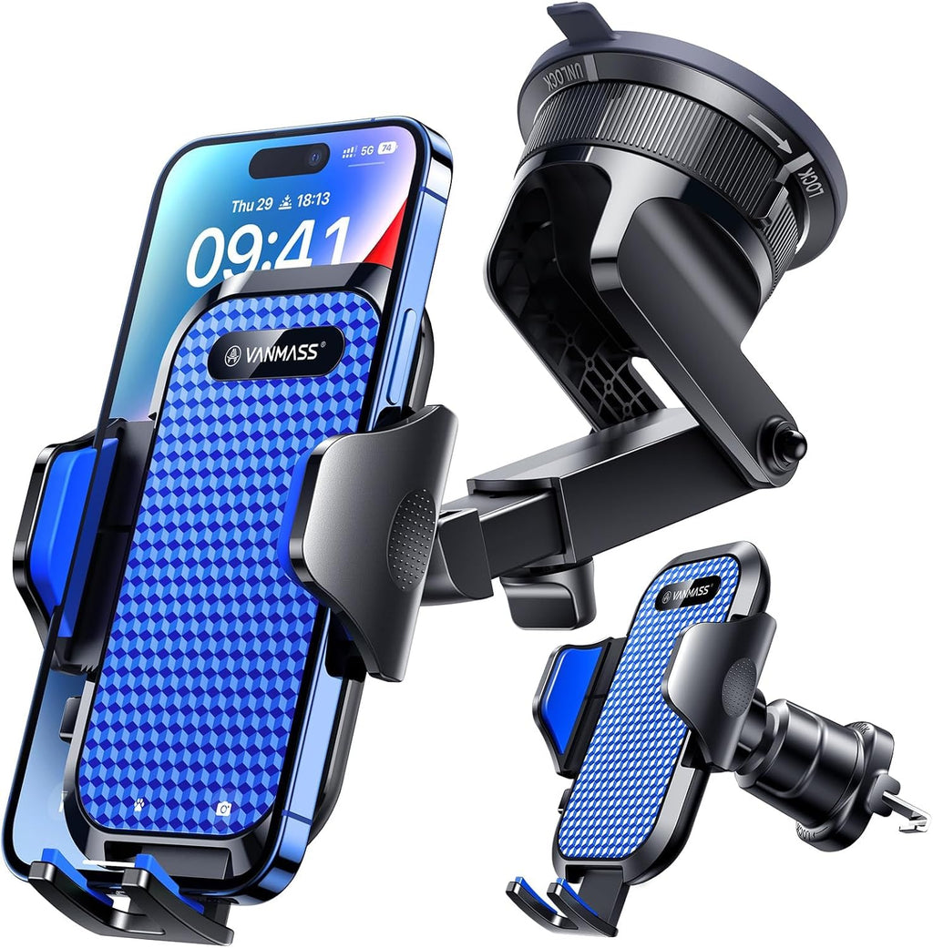VANMASS Ace Car Phone Holder Mount New Upgraded [Military Steel Hook & Super Suction Cup] Handsfree Cell Phone Holder Car Dash Windshield Air Vent Stand for iPhone 14 13 12 Pro Max Samsung Truck,Blue