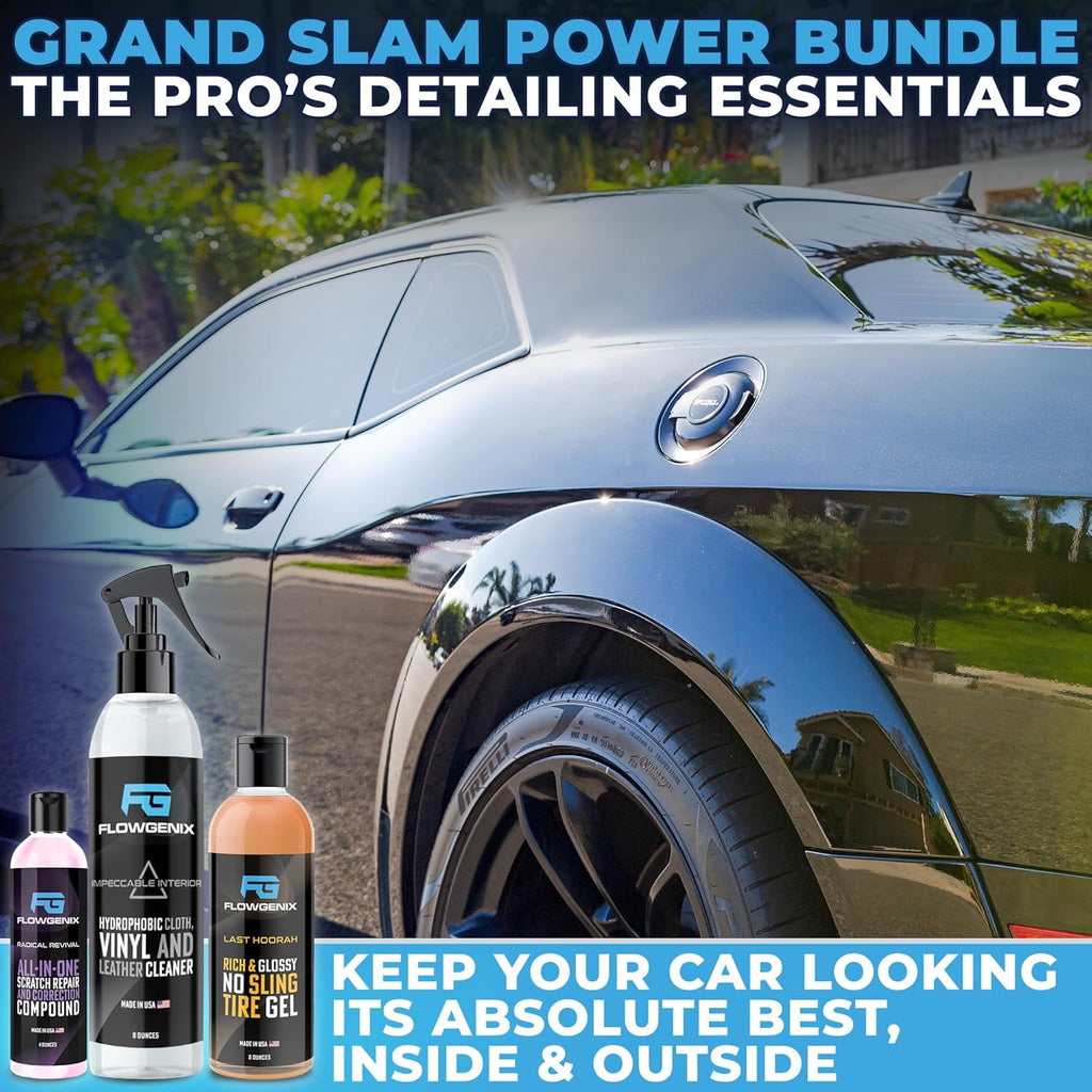 Grand Slam 3-Pack - Includes Tire Shine Gel (8oz), Car Scratch Remover (4oz), Water-Repellent Vinyl and Car Leather Protector (8oz), 2 Microfiber Towels