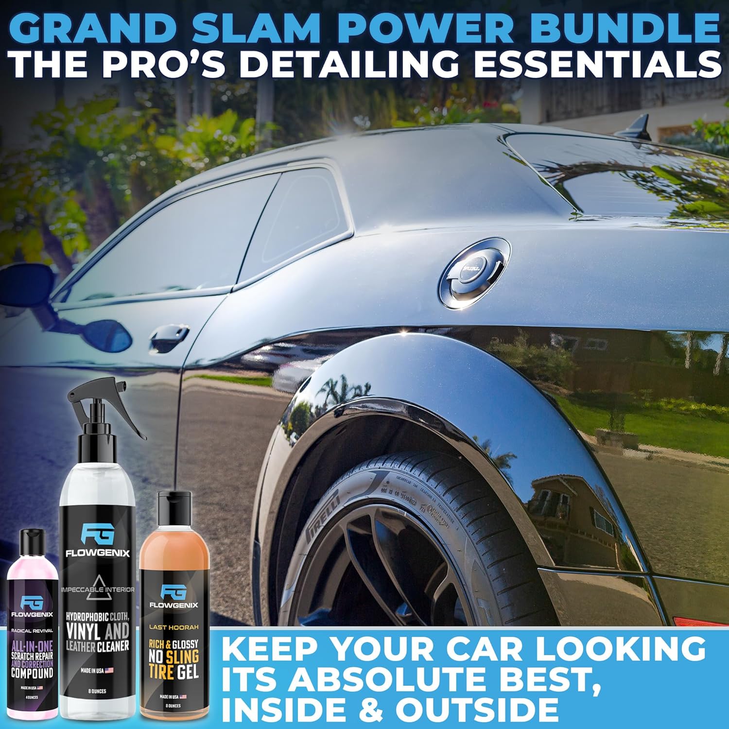 Grand Slam 3-Pack - Includes Tire Shine Gel (8oz), Car Scratch Remover (4oz), Water-Repellent Vinyl and Car Leather Protector (8oz), 2 Microfiber Towels