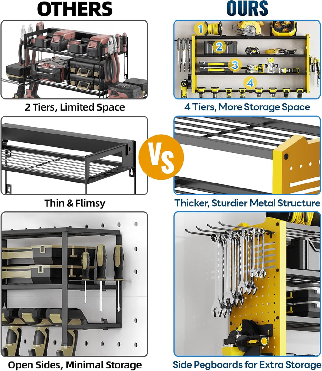 Tomorotec Wall-Mounted Power Tool Storage Rack for Drill, Toolbox & Accessories, Heavy-Duty Steel Organizer with Side Hooks and Adjustable Shelves, Easy Installation Garage & Workshop Storage (Yellow)