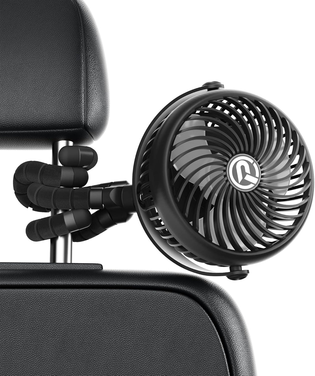 Rechargeable Car Fan for Backseat Kids Baby, 3-Speed Quiet with 5000mAh Battery, 360° Rotatable Rear Seat Passenger Cooling Fan, Cordless Portable Clip on Fans for Vehicle SUV Sedan RV