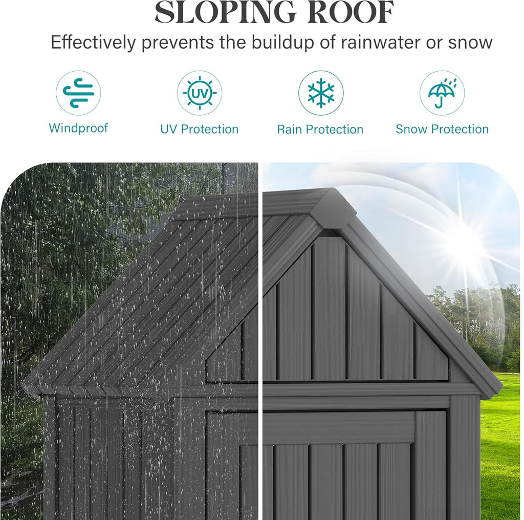 Shed Outdoor Storage Shed with Sloping Roof and Lockable Door, Resin Outdoor Storage Box Cabinet Waterproof and Multiple Hooks for Backyard, Patio, Poolside, Black