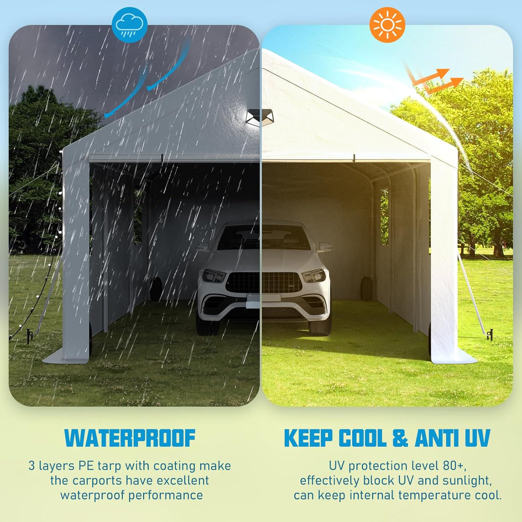 13x25 Carport Canopy, Heavy Duty Car Port, Portable Car Ports Garage with 2 Roll-Up Zipper Drive Through Doors, White