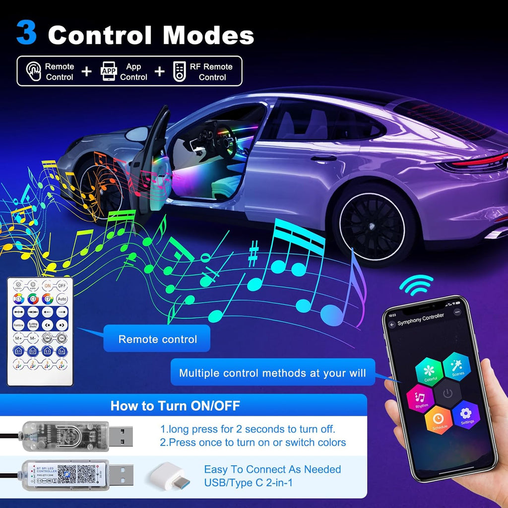 Dream+Color Acrylic Interior Car LED Strip Light with Motion Sensor Switch, 55.1 inches Neon LED Strip Light, RGB Colors Ambient Lighting Kits