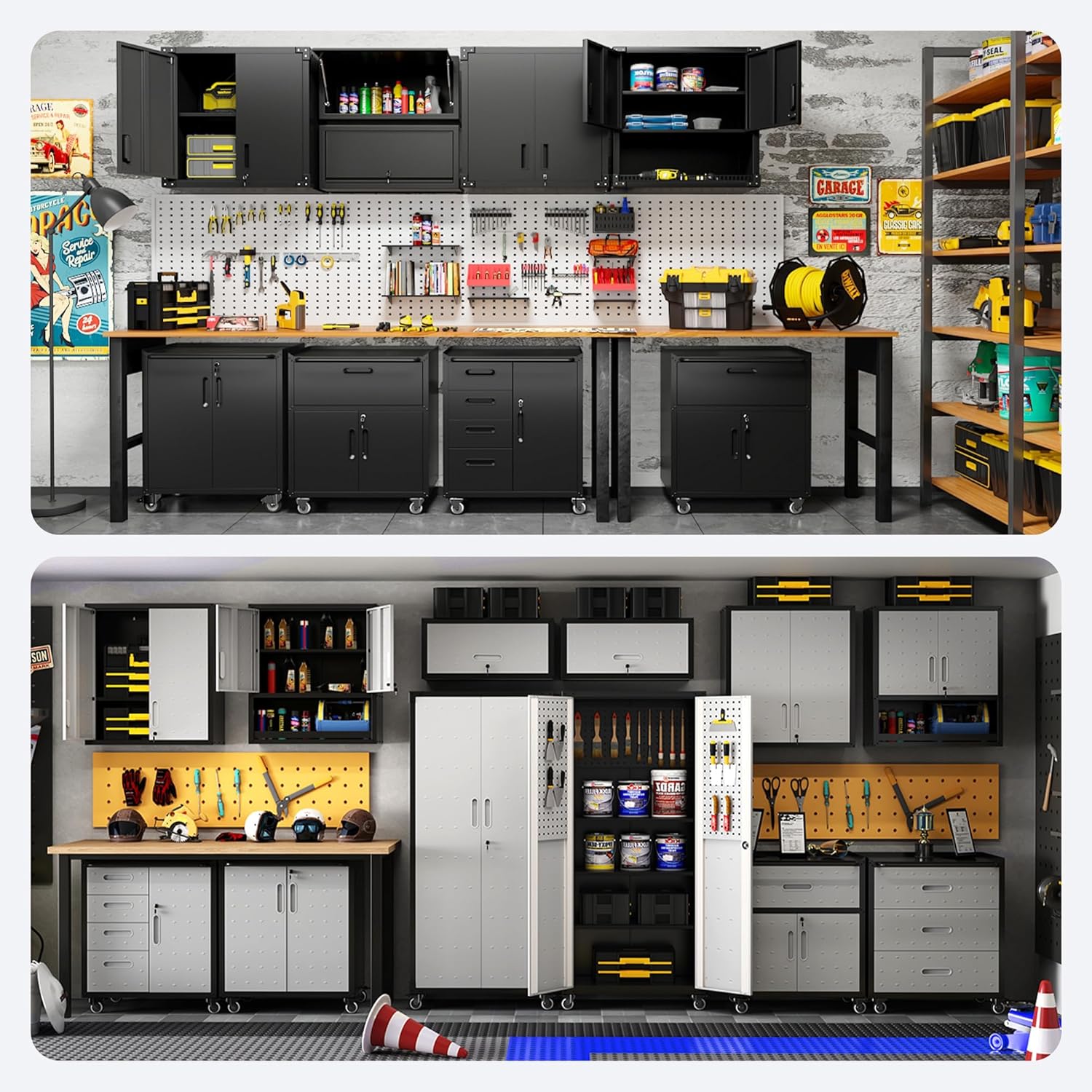 Metal Tool Cabinet,Garage Storage Cabinet System,Wall Cabinet & Locking Rolling Tool Cabinet with Doors and Adjustable Shelves,Steel Tool Cabinets for Home,Office (9 Pcs-StyleA, Black & Grey)