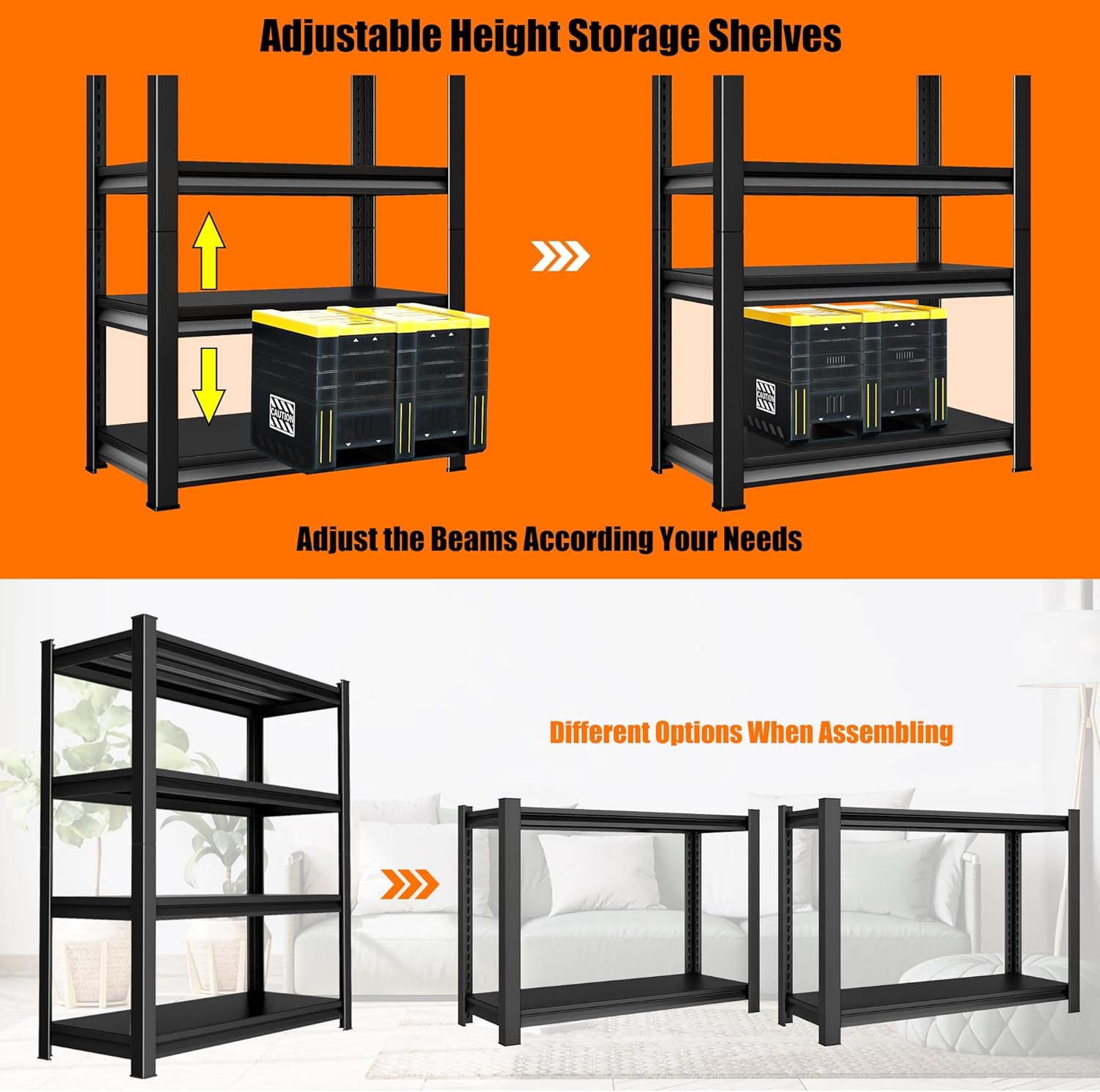 40in Wide Garage Shelving Heavy Duty，2000lbs Large Loads Adjustable Garage Storage Shelves,All Metal Storage Racks and Utility Rack Shelves, 40”W x 16”D x 72”H (Black)
