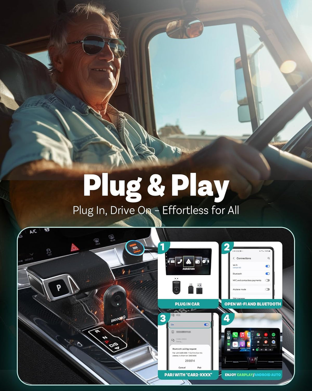 OTTOCAST Mini 2025 Wireless CarPlay & Android Auto 2-in-1 Adapter, Plug & Play, 5GHz WiFi, Auto Connect for iPhone & Android, Fits 98%+ OEM Wired CarPlay Cars
