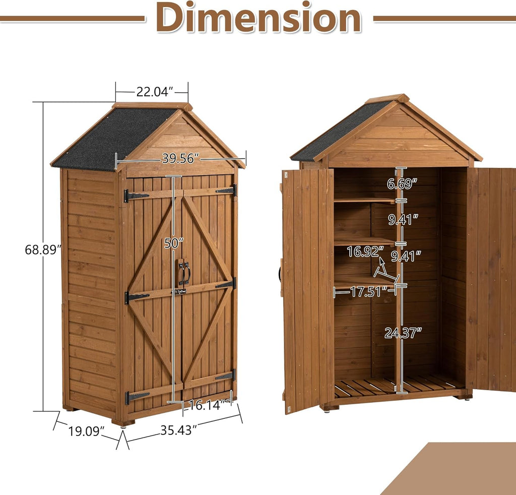 39.56"x 22.04"x 68.89" Outdoor Storage Cabinet with Removable Shelves, Waterproof Roof, and Adjustable Feet - Fir Wood Garden Tool Shed for Yard, Patio, Deck, and Garage,Yellow Brown