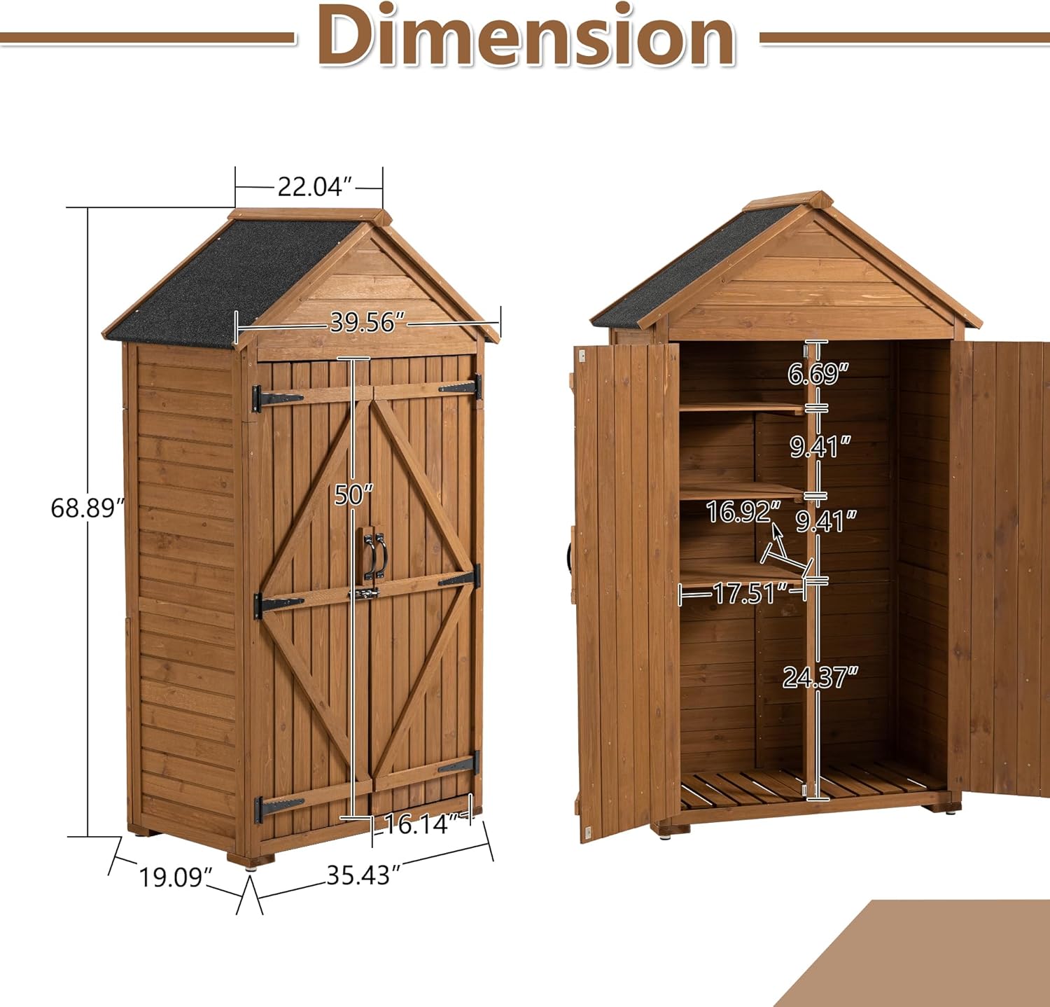 39.56"x 22.04"x 68.89" Outdoor Storage Cabinet with Removable Shelves, Waterproof Roof, and Adjustable Feet - Fir Wood Garden Tool Shed for Yard, Patio, Deck, and Garage,Yellow Brown