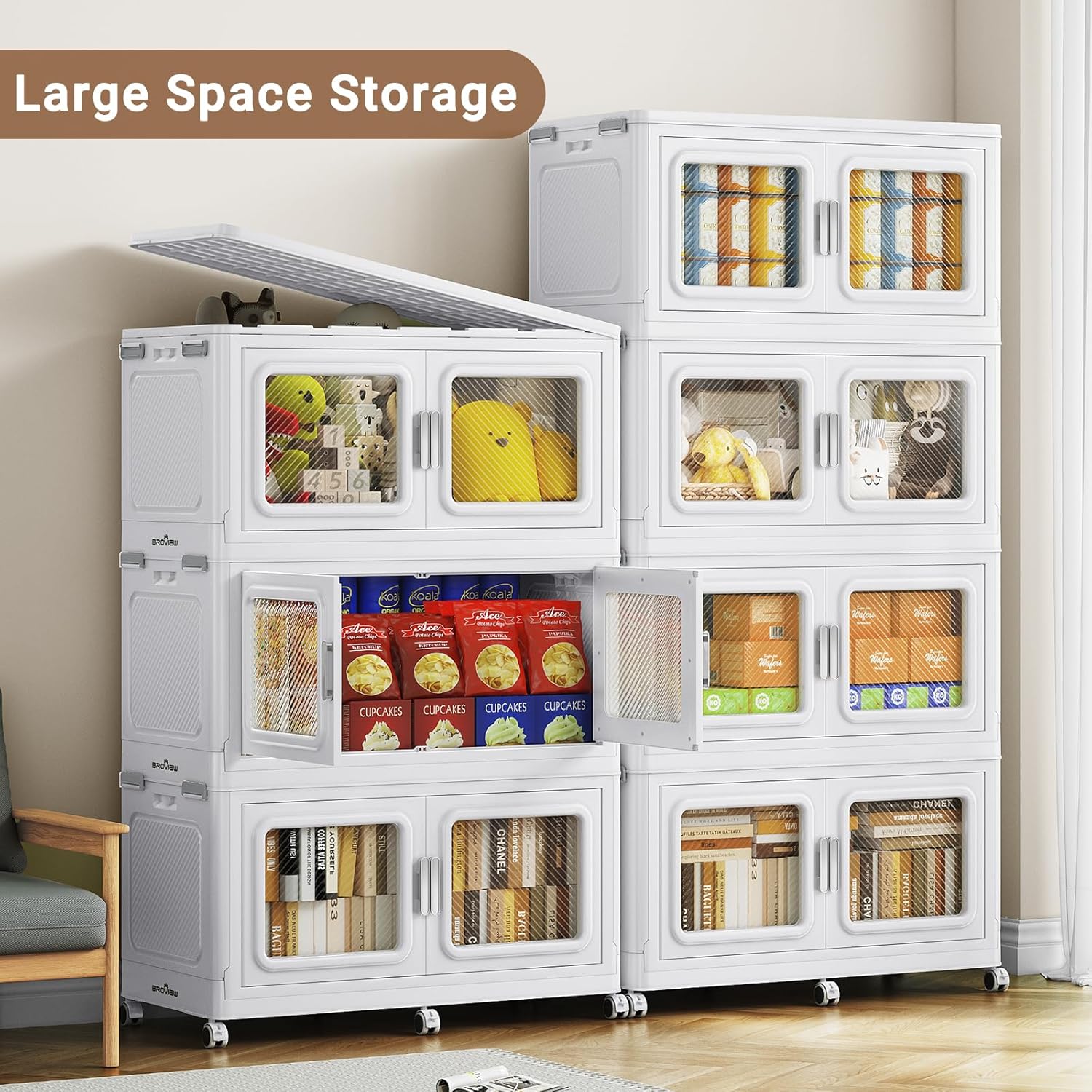 900 Qt Stackable Storage Bin with Lid, 225Gal Extra Large Collapsible Storage Boxes, Folding Plastic Drawer, Heavy-Duty Store Cabinet, Closet Organizer for Home Kitchen, 3 Pack White
