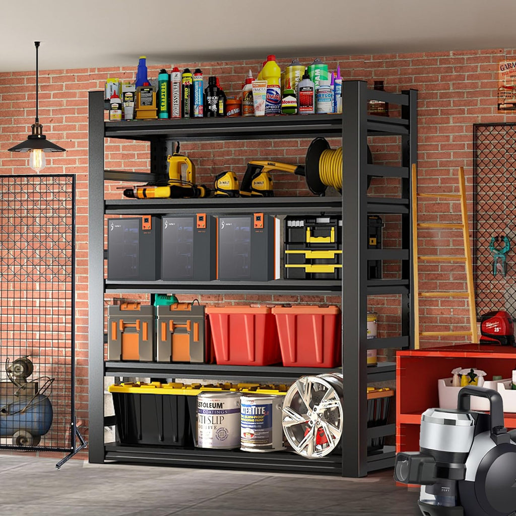 Metal Garage Shelving Unit, Heavy Duty 5-Tier Adjustable Storage shelves, Steel Shelving, 3000 lbs Capacity, Industrial Shelves for Heavy Tools and Equipment, Ideal for Garage, Basement, Black, 72"