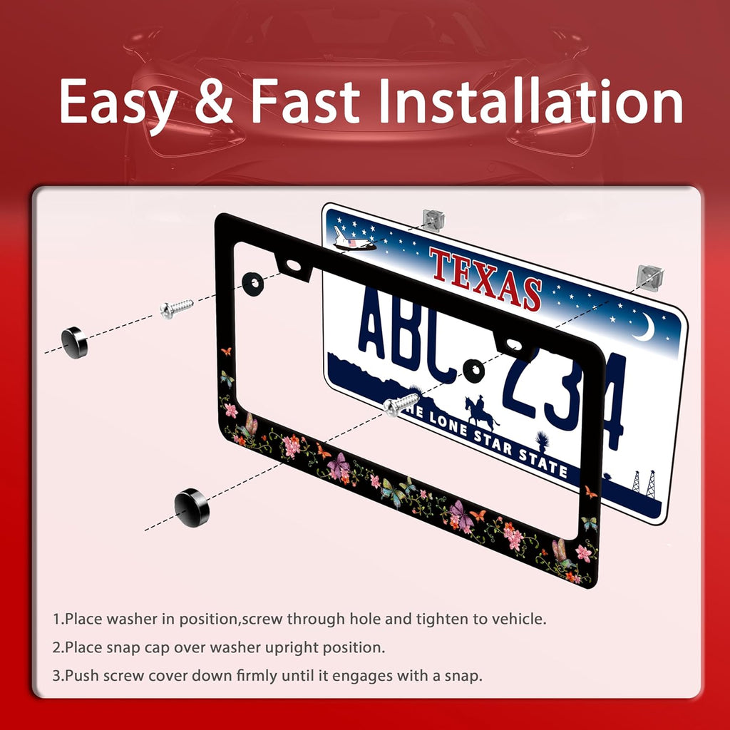 Colorful Butterfly License Plate Frame Beautiful Butterflies Flowers License Plate Holder Funny Stainless Steel Accessories Cars Decor with 2 Holes and Screws Fits Standard Us Ca Vehicles 12.2 X 6 in