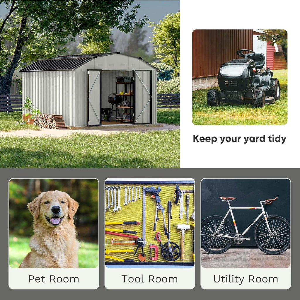 Patiowell 10 X 12 FT Barn Style Metal Storage Shed for Outdoor, Steel Yard Shed with Design of Lockable Doors, Utility and Tool Storage for Garden, Backyard, Patio, Outside Use