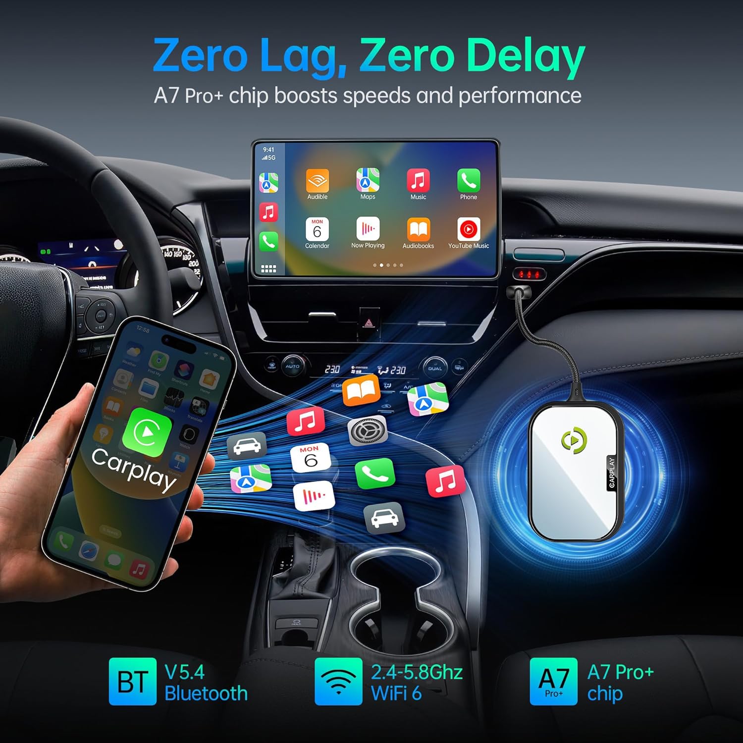 Wireless CarPlay Adapter for Apple iPhone, Converts Factory Wired CarPlay to Wireless CarPlay 2024 Upgrade Plug & Play Auto Connect Fast Easy Use for Cars from 2017 & iPhone iOS Dark Black