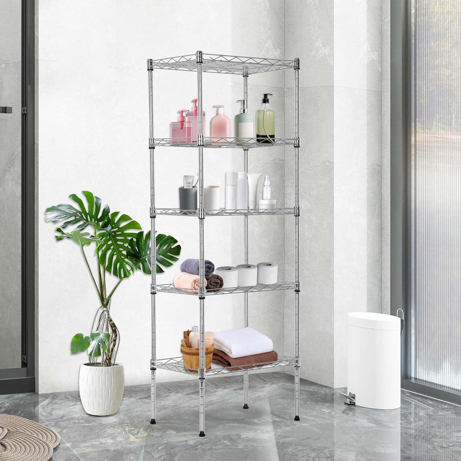 BestOffice 5 Tier Garage Shelving Heavy Duty Metal Shelves 17”D x 12”W x 48”H Easy Assemble Storage Shelves NSF Certified Wire Shelving with Leveling Feet for Garage Home Office, Chrome