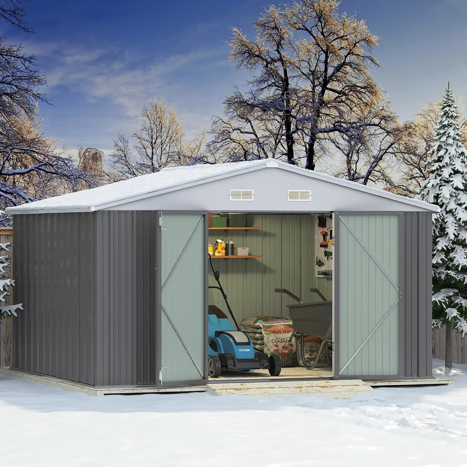 Greesum 10×8FT Outdoor Storage Shed, Metal Patio Storaged Sheds with Lockable Doors, Sheds & Outdoor Storage for Bike, Backyard, Pool and Garden, Gray