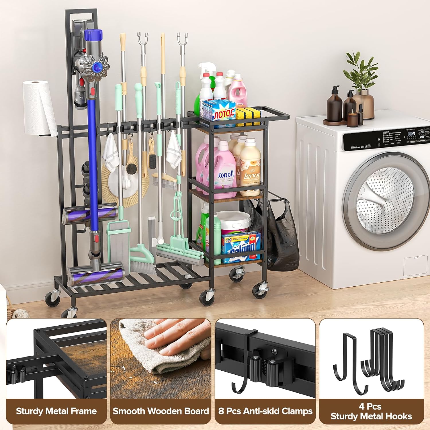 Cleaning Utility Cart on Wheels, Multifunctional Cleaning Tools Supplies Organizer with Broom and Mop Holder, Vacuum Stand Compatible with Dyson, Rolling Storage Caddy Cart for Home