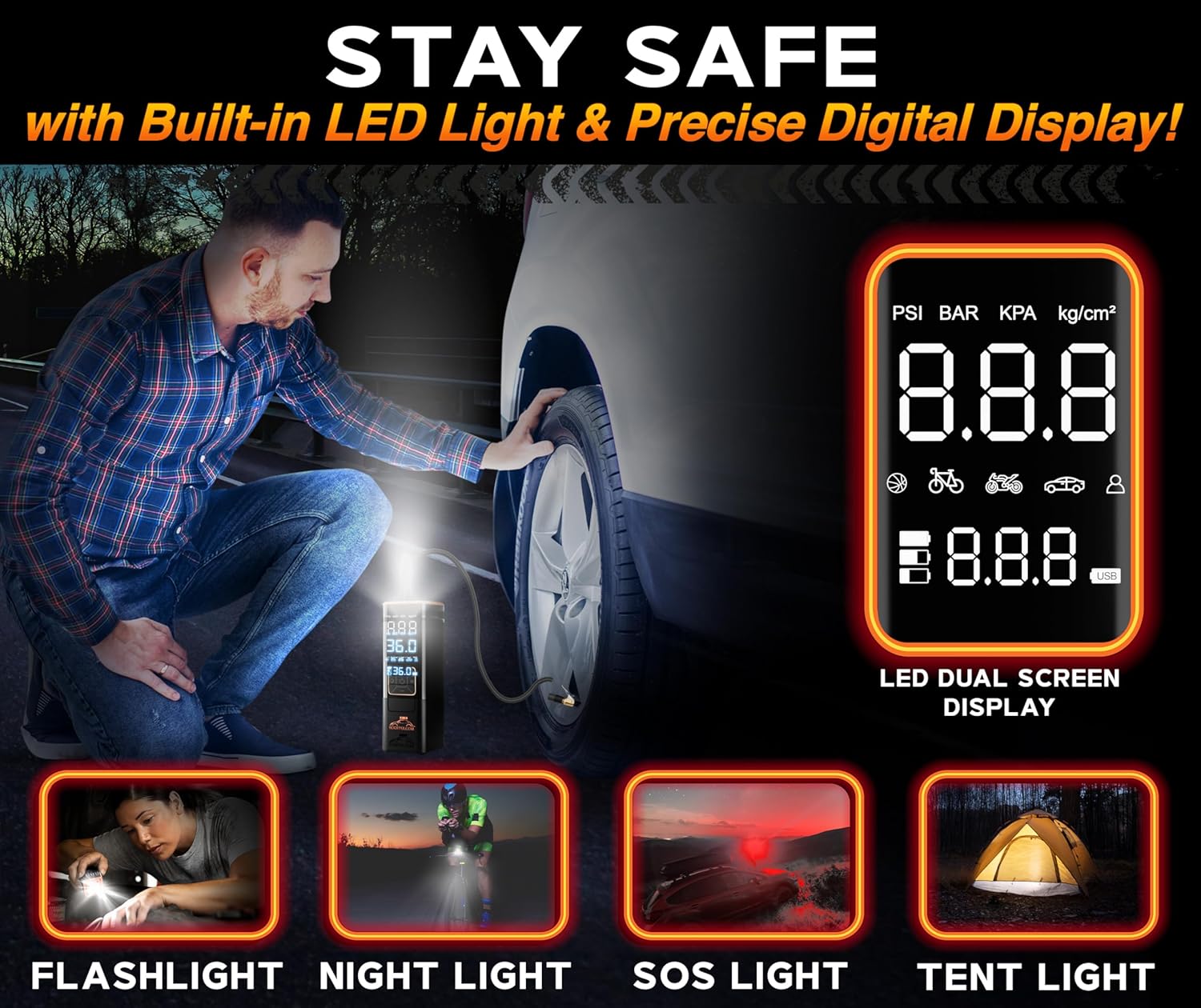 RoofPax Car Tire Inflator Portable Air Compressor 150 PSI Battery Powered 3x Faster Portable Tire Inflator for Car with Digital Pressure Gauge Auto Air Pump