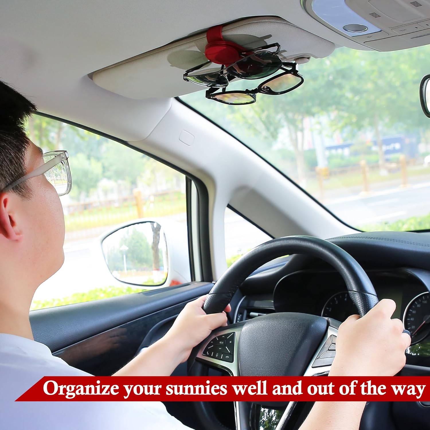 KIWEN Sunglasses Holder for Car Visor, Magnetic Leather Sunglass Eyeglass Hanger Clip for Car Sun Visor Accessories (1, Red)